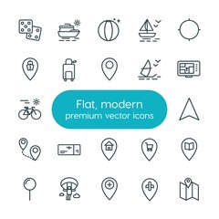 Modern Simple Set of location, travel Vector outline Icons. ..Contains such Icons as  technology,  luxury, direction,  add,  summer,  yacht and more on white background. Fully Editable. Pixel Perfect