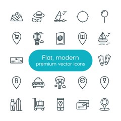 Modern Simple Set of location, travel Vector outline Icons. ..Contains such Icons as  snorkeling,  debit,  goal,  extreme,  location,  card and more on white background. Fully Editable. Pixel Perfect