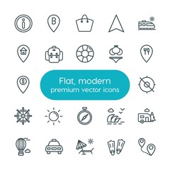 Modern Simple Set of location, travel Vector outline Icons. ..Contains such Icons as summer,  cab, map, direction,  vacation,  icon,  home and more on white background. Fully Editable. Pixel Perfect