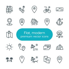 Modern Simple Set of location, travel Vector outline Icons. ..Contains such Icons as  star,  chair,  cycle,  tropical,  game,  deck,  vector and more on white background. Fully Editable. Pixel Perfect