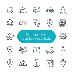 Modern Simple Set of location, travel Vector outline Icons. ..Contains such Icons as  water, bikini,  equipment,  business,  travel,  money and more on white background. Fully Editable. Pixel Perfect