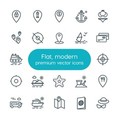 Modern Simple Set of location, travel Vector outline Icons. ..Contains such Icons as  pin,  business,  sea,  port, sea, house,  ship, summer and more on white background. Fully Editable. Pixel Perfect