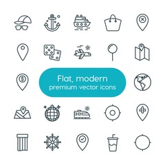 Modern Simple Set of location, travel Vector outline Icons. ..Contains such Icons as  symbol,  drink,  mattress, wheel,  vintage,  ship, map and more on white background. Fully Editable. Pixel Perfect