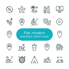 Modern Simple Set of location, travel Vector outline Icons. ..Contains such Icons as  tent,  ocean,  sky,  cruise, sea,  pin,  location, map and more on white background. Fully Editable. Pixel Perfect