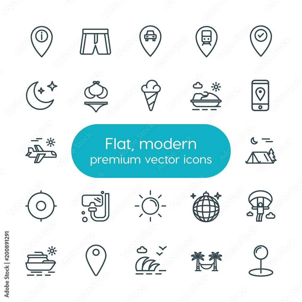 Poster modern simple set of location, travel vector outline icons. ..contains such icons as location, sign,