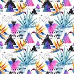 Watercolor exotic flowers, leaves, grunge textures, doodles seamless pattern in rave colors
