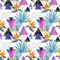 Fototapete Grafikdrucke Aquarell exotische Blumen, Blätter, Grunge-Texturen, kritzelt nahtloses Muster in Rave-Farben