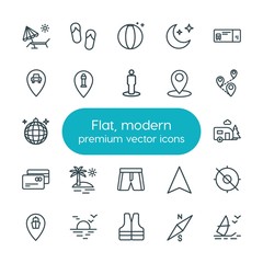 Modern Simple Set of location, travel Vector outline Icons. ..Contains such Icons as  chair,  ship, sea, beach,  play,  background, trailer and more on white background. Fully Editable. Pixel Perfect
