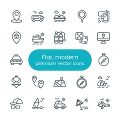 Modern Simple Set of location, travel Vector outline Icons. ..Contains such Icons as location,  fashion, water,  journey,  summer,  activity and more on white background. Fully Editable. Pixel Perfect