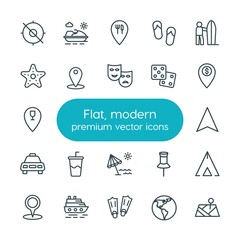 Modern Simple Set of location, travel Vector outline Icons. ..Contains such Icons as sea,  cruise, water,  activity,  sign,  location, map and more on white background. Fully Editable. Pixel Perfect