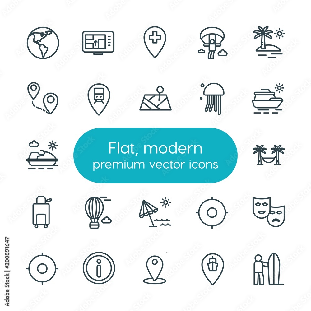 Poster modern simple set of location, travel vector outline icons. ..contains such icons as icon, message, 