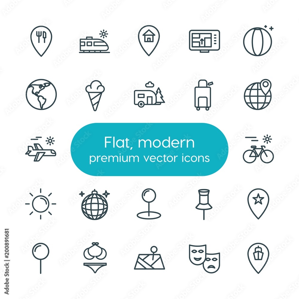 Poster modern simple set of location, travel vector outline icons. ..contains such icons as planet, navigat