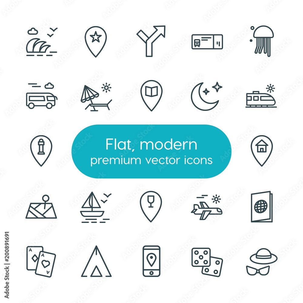 Poster modern simple set of location, travel vector outline icons. ..contains such icons as train, phone, p