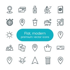 Modern Simple Set of location, travel Vector outline Icons. ..Contains such Icons as  care,  id,  protection,  sunrise, boat,  arrow,  sign and more on white background. Fully Editable. Pixel Perfect