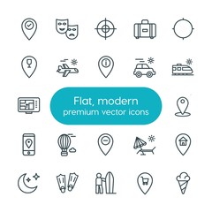 Modern Simple Set of location, travel Vector outline Icons. ..Contains such Icons as beach,  gps,  vacation,  technology,  bag,  location and more on white background. Fully Editable. Pixel Perfect