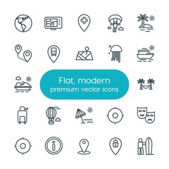 Modern Simple Set of location, travel Vector outline Icons. ..Contains such Icons as  icon,  message, location,  landscape,  map,  globe and more on white background. Fully Editable. Pixel Perfect