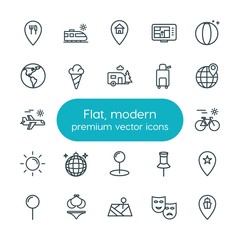 Modern Simple Set of location, travel Vector outline Icons. ..Contains such Icons as  planet,  navigation,  design, sport, speed,  train and more on white background. Fully Editable. Pixel Perfect