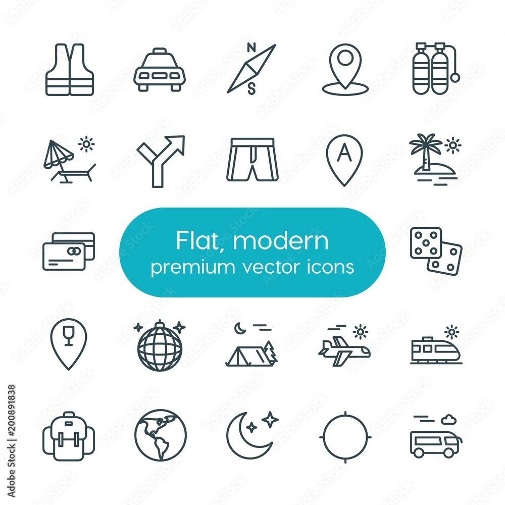 Poster modern simple set of location, travel vector outline icons. ..contains such icons as transportation,