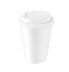 Realistic blank mock up paper cup with plastic lid. Coffee to go, take out mug. Vector illustration isolated and can be use for any backgrounds. EPS10.