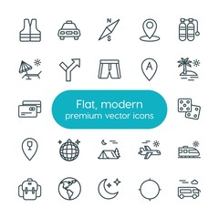 Modern Simple Set of location, travel Vector outline Icons. ..Contains such Icons as  transportation,  airplane,  astronomy,  sky,  bag, bus and more on white background. Fully Editable. Pixel Perfect
