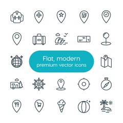 Modern Simple Set of location, travel Vector outline Icons. ..Contains such Icons as  car,  cream,  station, sweet,  background,  suitcase and more on white background. Fully Editable. Pixel Perfect