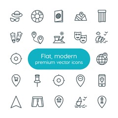 Modern Simple Set of location, travel Vector outline Icons. ..Contains such Icons as house,  save,  travel,  document,  road, summer,  fun and more on white background. Fully Editable. Pixel Perfect