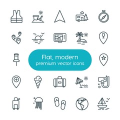 Modern Simple Set of location, travel Vector outline Icons. ..Contains such Icons as  bucket,  star,  scuba,  map,  water,  trip,  equipment and more on white background. Fully Editable. Pixel Perfect