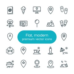 Modern Simple Set of location, travel Vector outline Icons. ..Contains such Icons as passport,  shoes,  location,  map,  gas,  summer,  sea and more on white background. Fully Editable. Pixel Perfect