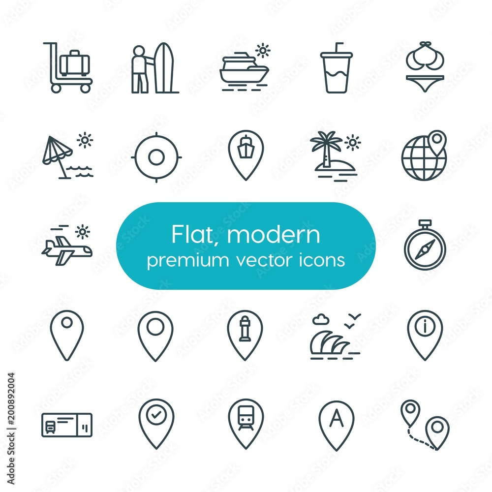 Poster modern simple set of location, travel vector outline icons. ..contains such icons as icon, road, sur