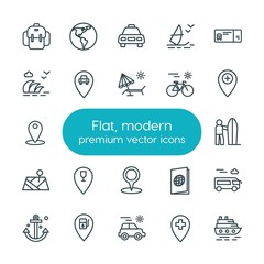 Modern Simple Set of location, travel Vector outline Icons. ..Contains such Icons as  surfer,  yellow,  icon, sea,  gas,  map,  extreme,  id and more on white background. Fully Editable. Pixel Perfect