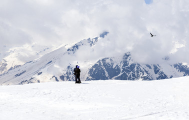 Fototapeta na wymiar Caucasian mountains, people in the mountains, flying over the mountains bird