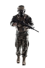 United States Marine with rifle weapons in uniforms threading. Military equipment, army helmet, combat boots, tactical gloves. Isolated on white, weapons, army, patriotism concept