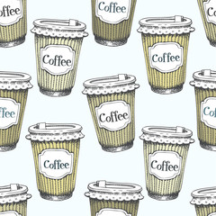 Seamless pattern with hand drawn cups of coffee to go. Vector fast food background. Vintage style.