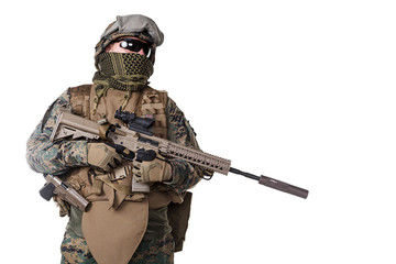 Studio shot of United States Marine with rifle weapons in uniforms. Military equipment, army helmet, combat boots, tactical gloves. Isolated on white, weapons, army, patriotism concept