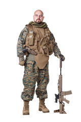 Obraz premium Elite member marksman of United States Marine Corps with rifle weapons in uniforms. Military equipment, army helmet, combat boots, tactical gloves. Isolated on white, weapons, army, patriotism concept