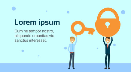 Two Business Men Holding Lock And Key Success Problem Solution Concept Flat Vector Illustration