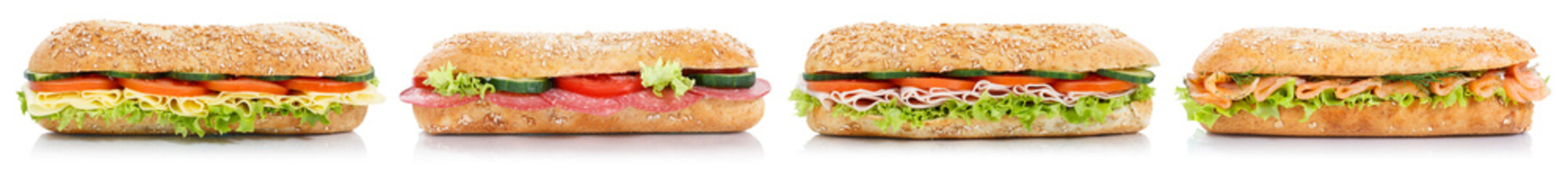 Sub sandwiches with salami ham cheese salmon fish in a row isolated on white
