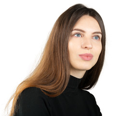 Young thoughtful woman daydreaming isolated on white background