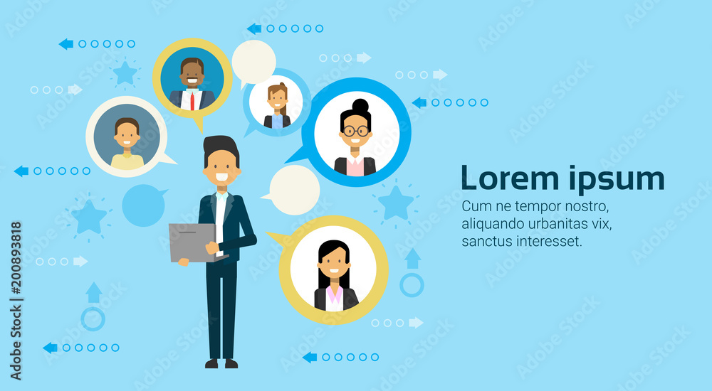 Poster business man using laptop computer networking with businesspeople team communication concept flat ve