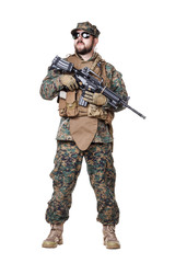 Studio shot of United States Marine with rifle weapons in uniforms. Military equipment, army helmet, combat boots, tactical gloves. Isolated on white, weapons, army, patriotism concept