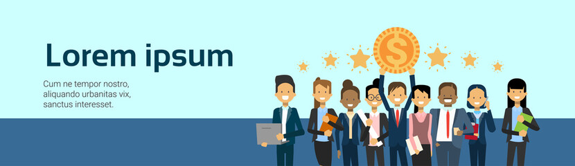 Group Of Successful Business People Winners Holding Golden Coins Money Success Over Background With Copy Space Flat Vector Illustration