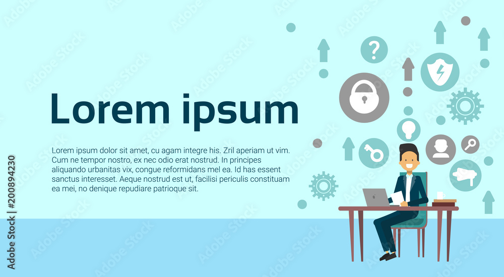 Poster man programmer web developer working at laptop computer over abstract technology background flat vec