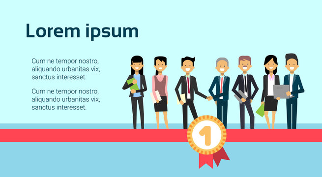 Two Successful Business Men Shaking Hands With Group Of Businesspeople Standing At Red Ribbon And Medal Success Congradulation Concept Flat Vector Illustration