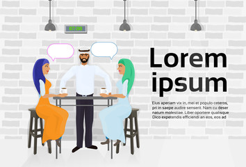 Arab Waiter Serving Two Muslim Women Drinking Coffee In Modern Cafe And Talking Flat Vector Illustration