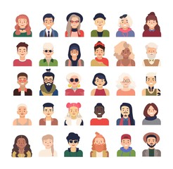 Collection of male and female cartoon characters or avatars dressed in fashionable clothing, with various hairstyles and accessories isolated on white background. Vector illustration in flat style.