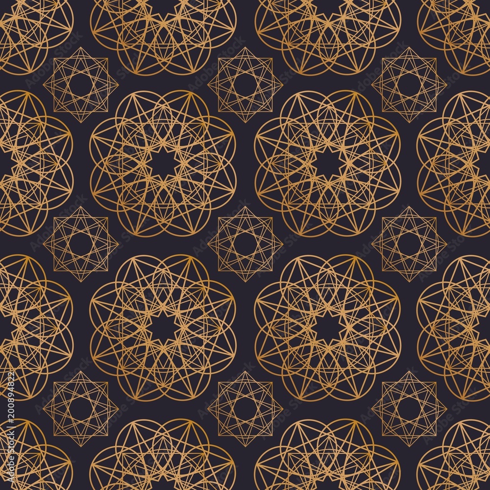 Poster oriental seamless pattern with round geometric shapes drawn with golden contour lines on black backg