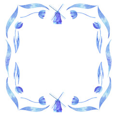 Watercolor wreath. Floral round frame.
