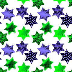 Obraz premium Seamless Watercolor Stars Pattern. Magic Festive Background. Hand Drawn Doodle Stars. Baby Design. Abstract Rapport for Wallpaper, Textile, Linen, Wrapping, Posters, Cards, Banner. New Year, Birthday 