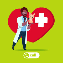 Veterinarian Doctor Hold Dog Over Heart Shape Clinic Office Logo Veterinary Medicine Concept Flat Vector Illustration