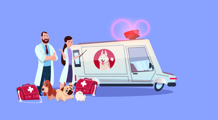 Veterinarian Doctors Standing At Ambulance Car Veterinary Medicine Concept Flat Vector Illustration © mast3r